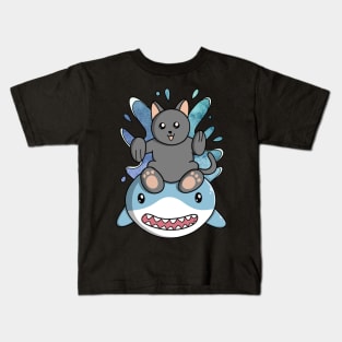 Cat Rides Swimming Shark Kids T-Shirt